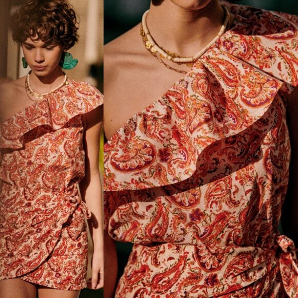 Sezane Adeline Ruffle‎ Blouse Rivera Floral Print One Shoulder Size 36 French 4 - Picture 2 of 11